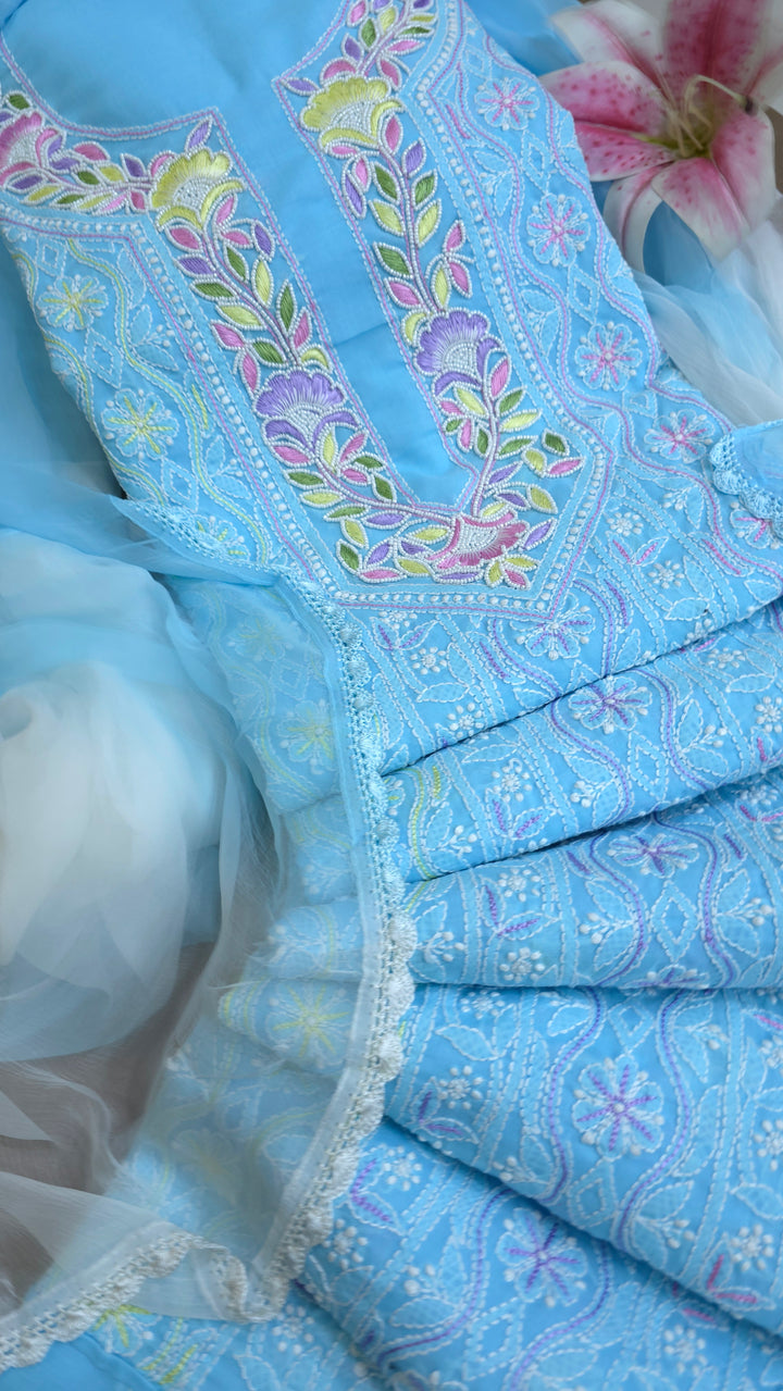 Cotton Resham Neckline chikankari dress material- Blue