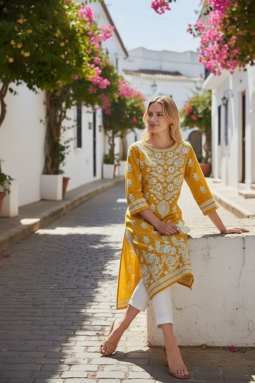 Modal Chikankari Hand Embroidered Kurti for Women | Premium Soft & Non-Transparent Fabric | 46 Inch Length | Lucknowi Chikan Kurta