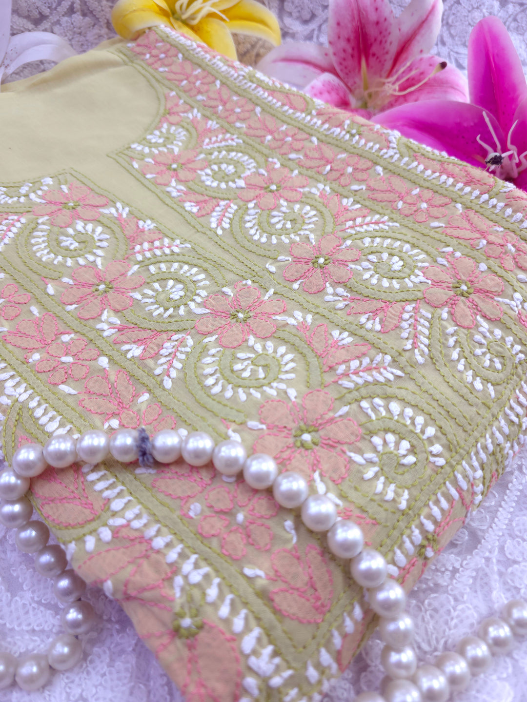 Lucknow Chikankari Hand Embroidered Cotton Dress Material with Tri-Color Motifs & Pure Chiffon Dupatta