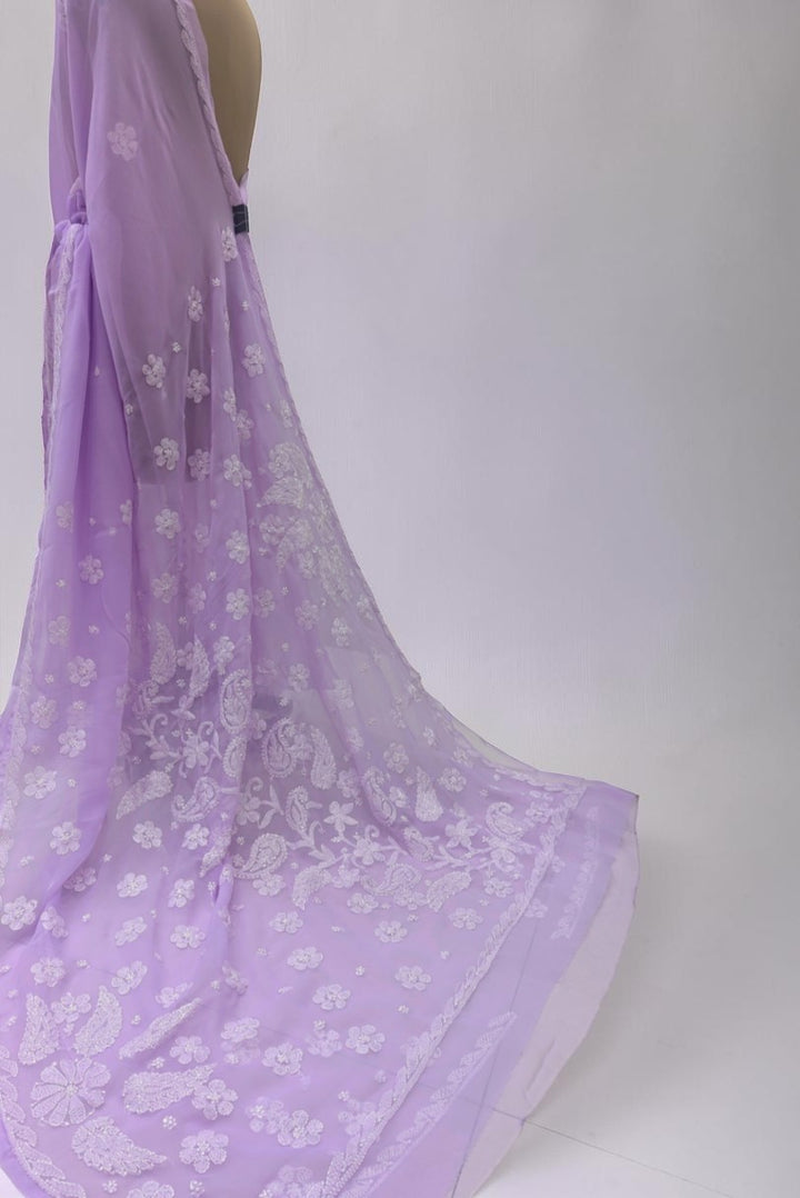 Faux Georgette Hand Chikankari Saree with Exclusive Border & Palla Design | Embroidered Blouse Included | Authentic Lucknow Handicraft by Paridhan Chikan