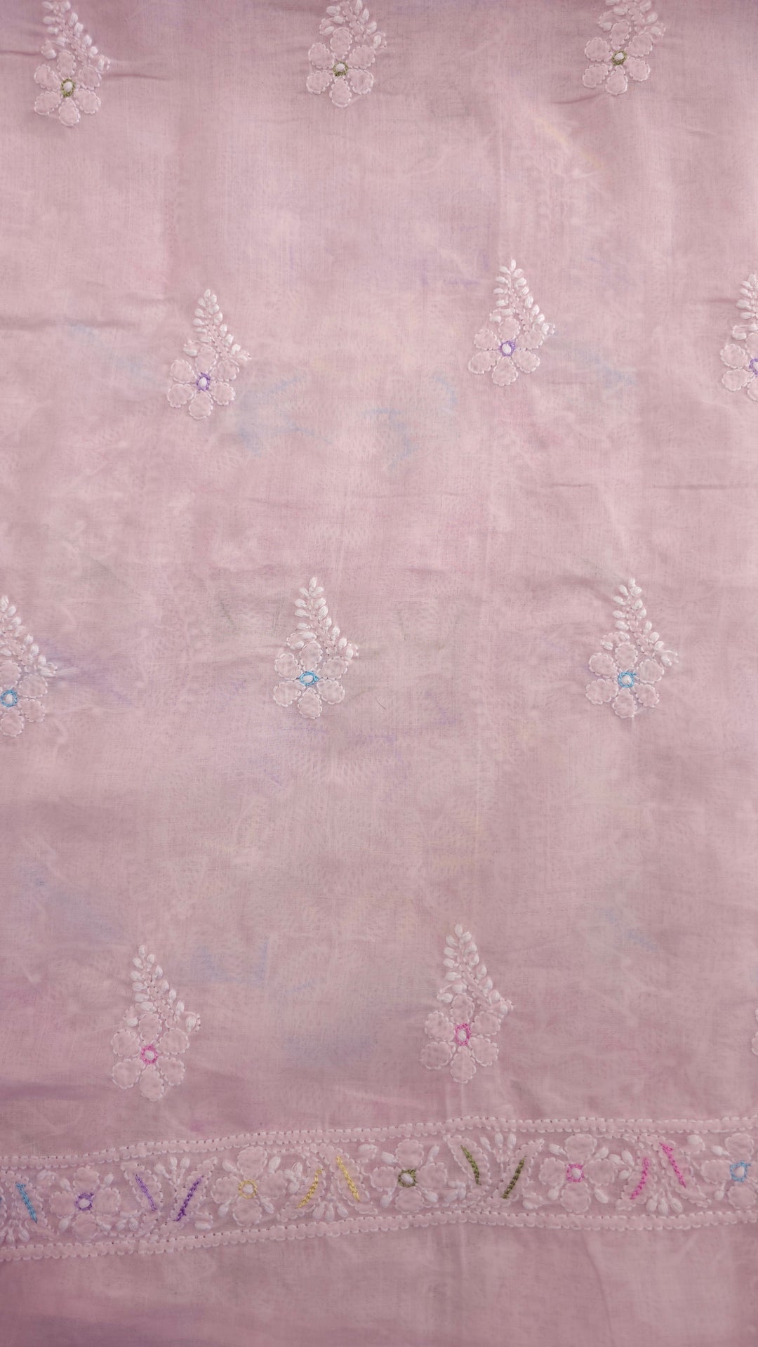 Cotton Resham Neckline chikankari dress material- Baby Pink