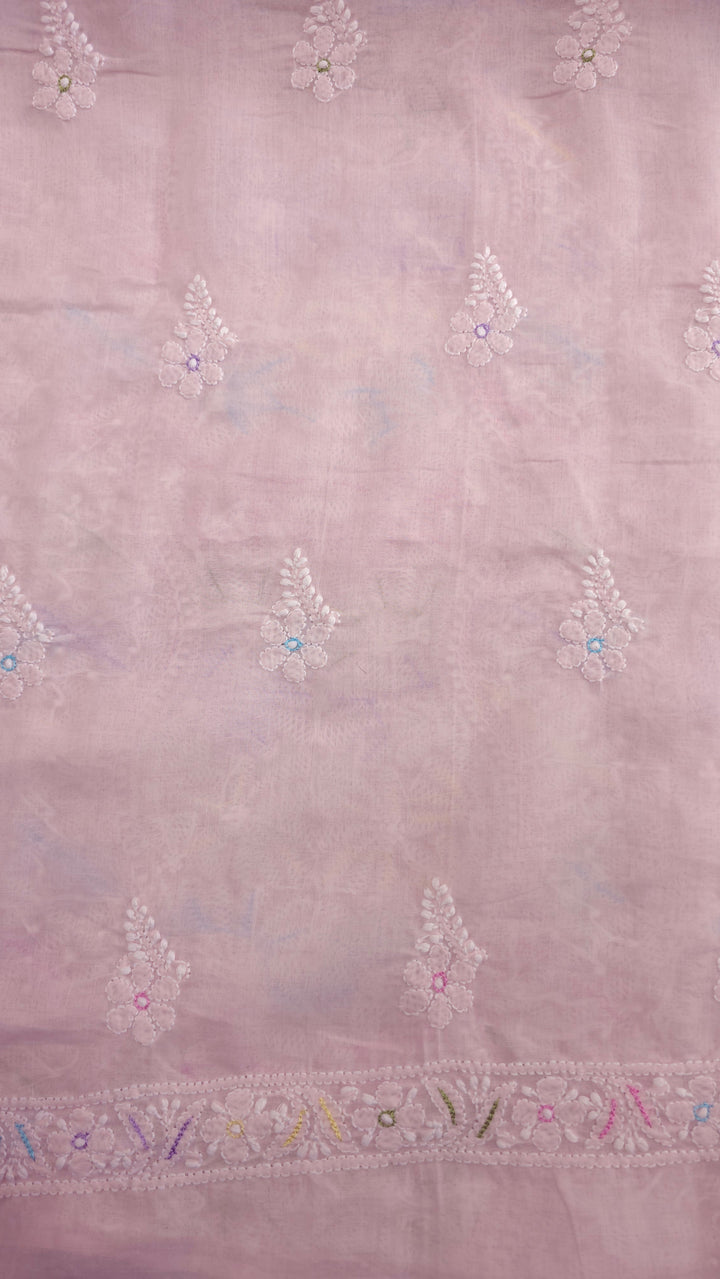 Cotton Resham Neckline chikankari dress material- Baby Pink