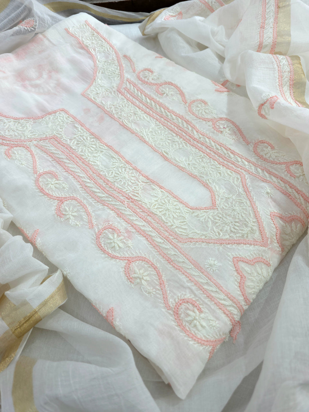 Pure Mul Chanderi 2 Taar Hand Embroidered Chikankari Unstitched Kurta (3 M) with Dupatta (2.5 M) – Lucknowi Festive Collection