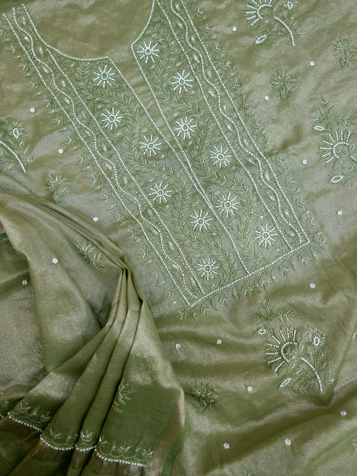 Soft Tissue Chikankari Unstitched Dress Material | 3 Taar Hand Embroidery with Pearl & Cutdana Work + Golden Border Dupatta