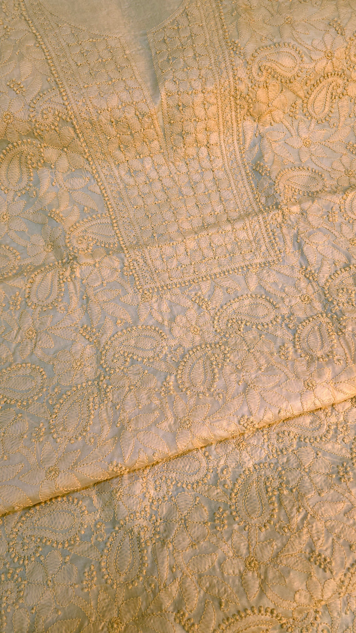 Pure Paper Silk Chikankari Fabric | Full Jaal Hand Embroidery Kurta Fabric for Women