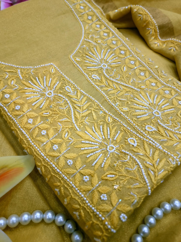 Soft Tissue Chikankari Unstitched Dress Material | 3 Taar Hand Embroidery with Pearl & Cutdana Work + Golden Border Dupatta