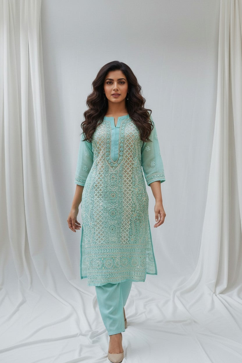 Raha Women’s Georgette Chikankari Kurti –Pearl, mirror n aari work -Designer Hand Embroidered Lucknowi Craft by Paridhan Chikan