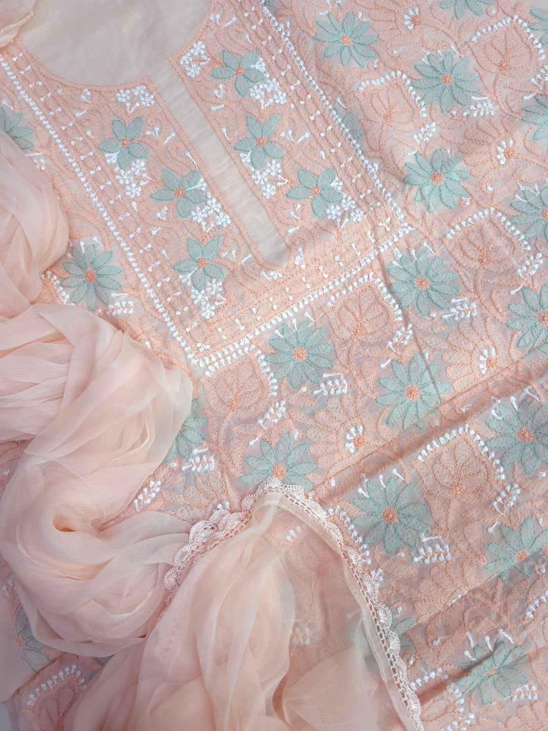 Lucknow Chikankari Hand Embroidered Cotton Dress Material with Tri-Color Motifs & Pure Chiffon Dupatta
