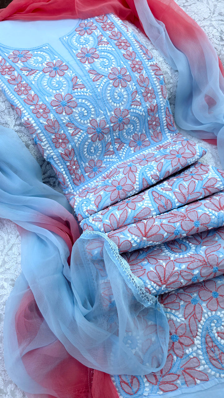 Lucknow Chikankari Hand Embroidered Cotton Dress Material with Tri-Color Motifs & Pure Chiffon Dupatta