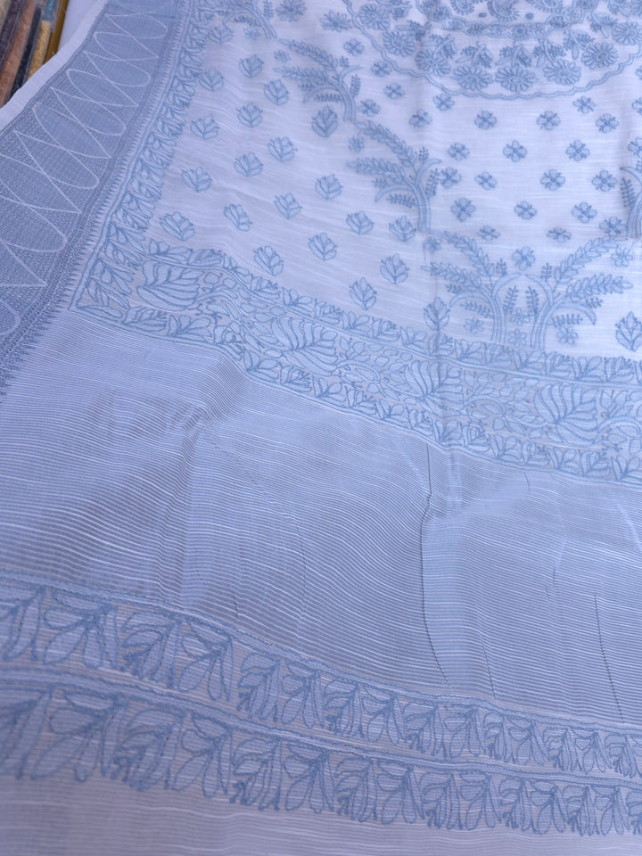 Hand Embroidered Chikankari Banarasi Silk Saree with Intricate Border & Palla Pattern – Includes  Blouse | Paridhan Chikan