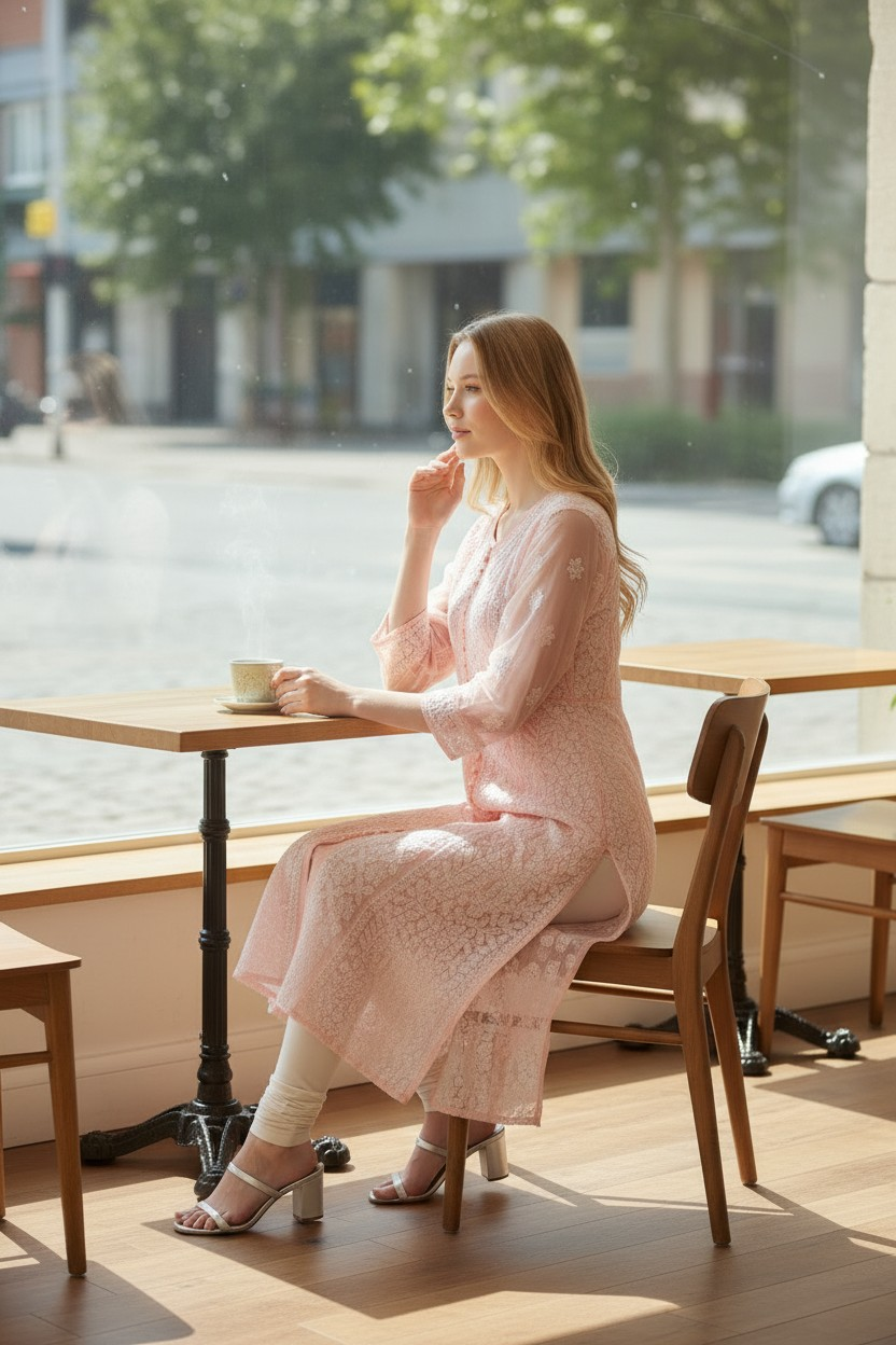 Women's Chikankari Georgette Front-Open Look Kurta | Hand Embroidered Lucknowi Ethnic Wear