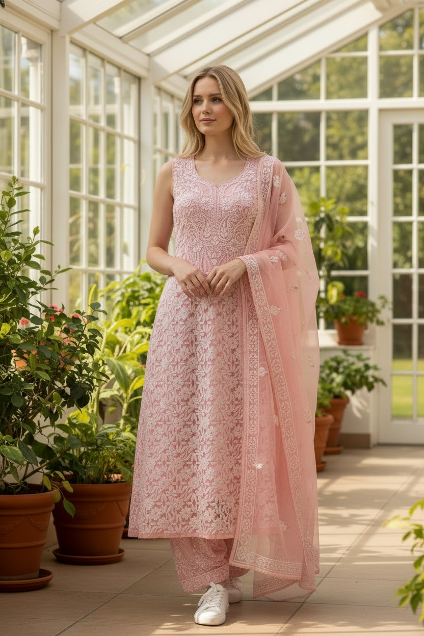 Unstitched Georgette Chikankari Dress Material | Hand Embroidered Kurta, Bottom & Dupatta