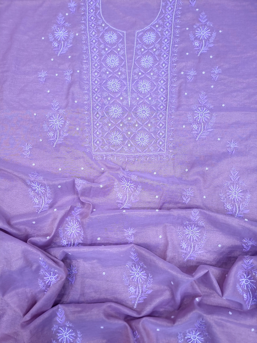 Soft Tissue Chikankari Unstitched Dress Material | 3 Taar Hand Embroidery with Pearl & Cutdana Work + Golden Border Dupatta