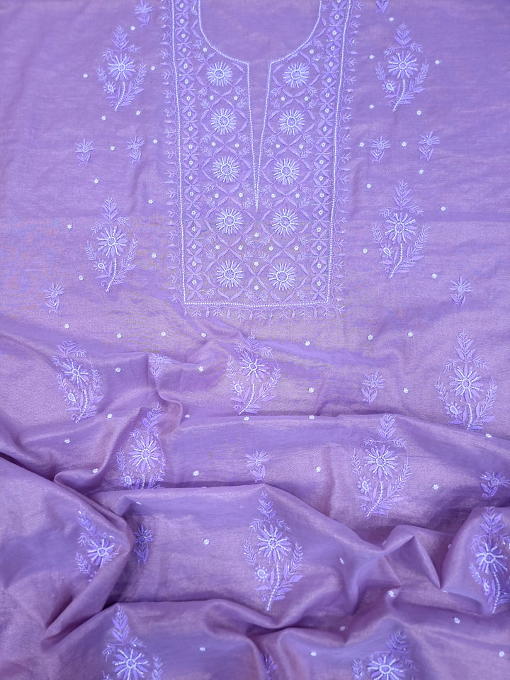 Soft Tissue Chikankari Unstitched Dress Material | 3 Taar Hand Embroidery with Pearl & Cutdana Work + Golden Border Dupatta