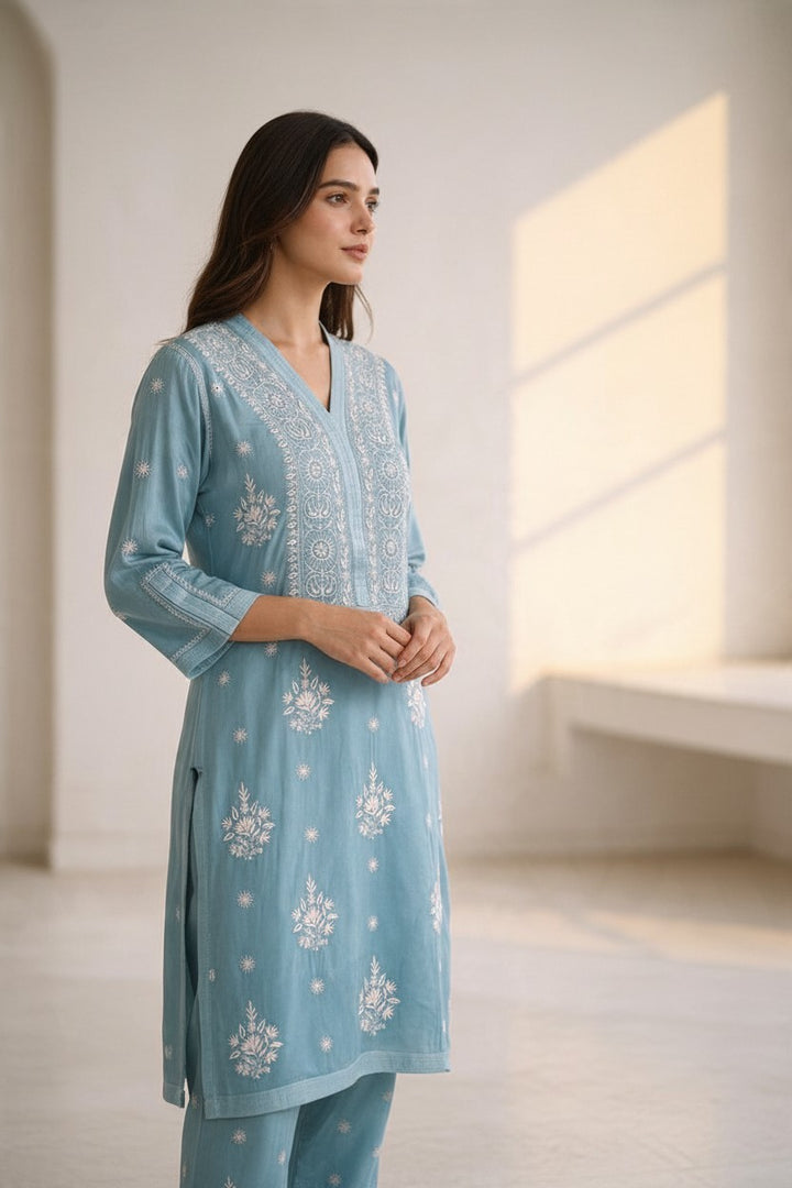 Luxe-Pure Modal satin luxurious kurti pants set with *2 taar chikankari work*