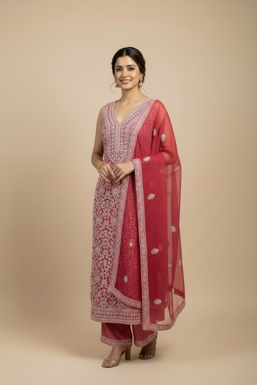 Unstitched Georgette Chikankari Dress Material | Hand Embroidered Kurta, Bottom & Dupatta
