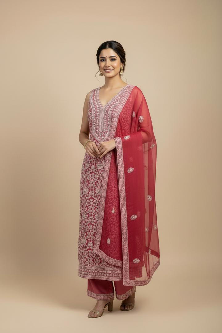 Unstitched Georgette Chikankari Dress Material | Hand Embroidered Kurta, Bottom & Dupatta
