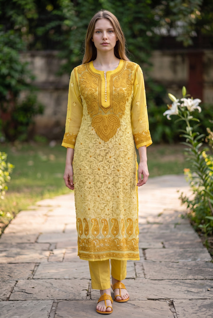 Georgette Lucknowi Chikankari 46" Long- front n back full embroidered Kurti | 100% Hand Embroidered| No Shrinkage