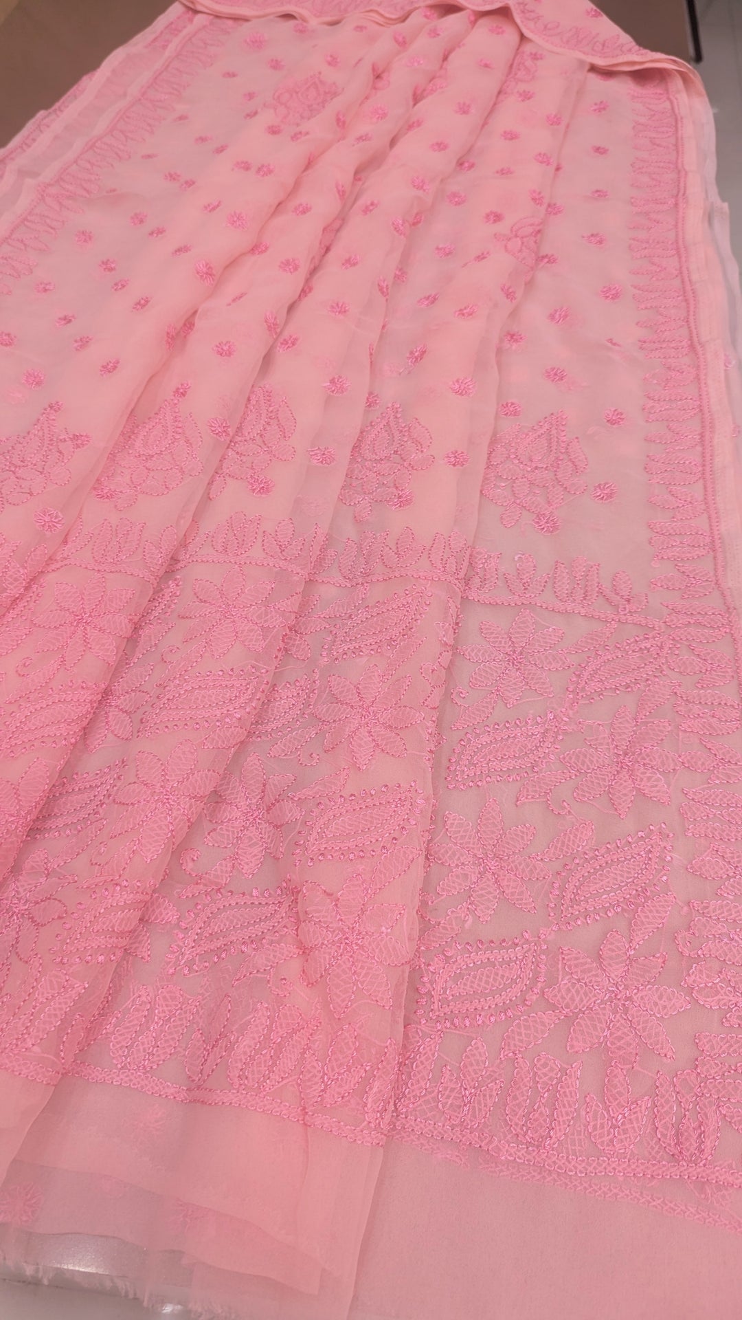 Faux Georgette Hand Chikankari Saree with Exclusive all over  Design | Embroidered Blouse Included | Authentic Lucknow Handicraft by Paridhan Chikan