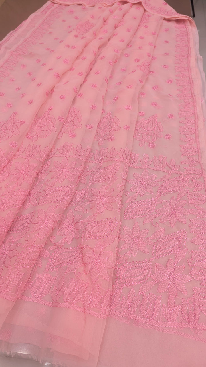 Faux Georgette Hand Chikankari Saree with Exclusive all over  Design | Embroidered Blouse Included | Authentic Lucknow Handicraft by Paridhan Chikan