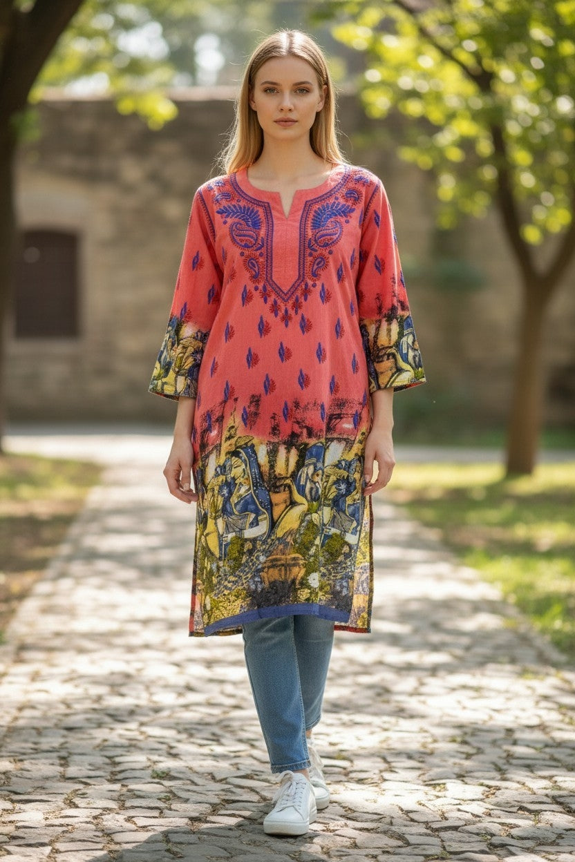 Pure Cotton Lucknowi Chikankari 40" Long Kurti | 100% Hand Embroidered | Non-Transparent | No Shrinkage
