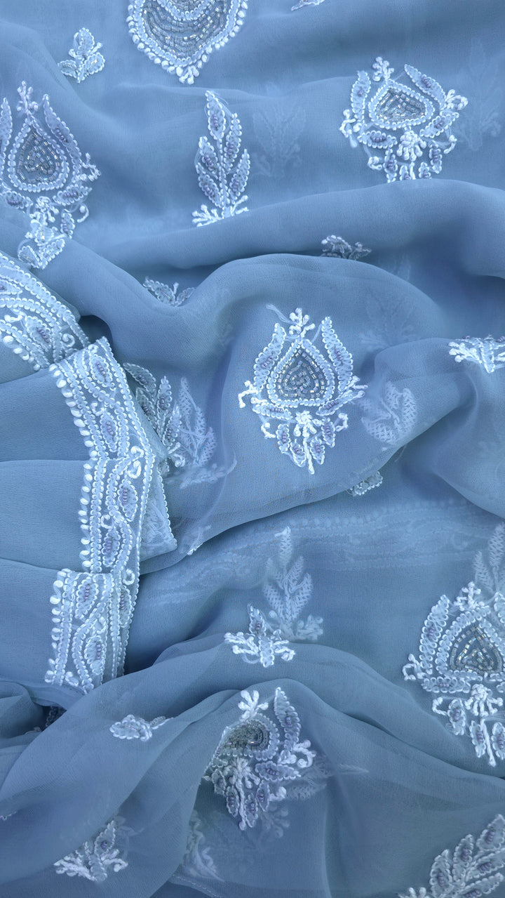 Alina Heavy Embellished Georgette Chikankari Unstitched Dress Material | Cutdana Handwork