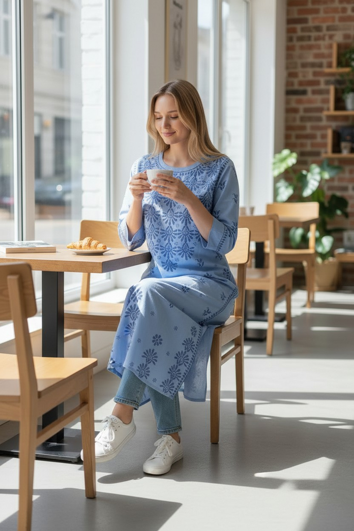 Soft Cotton Chikankari Hand Embroidered Kurti for Women | Premium Soft & Non-Transparent Fabric | 46 Inch Length | Lucknowi Chikan Kurta