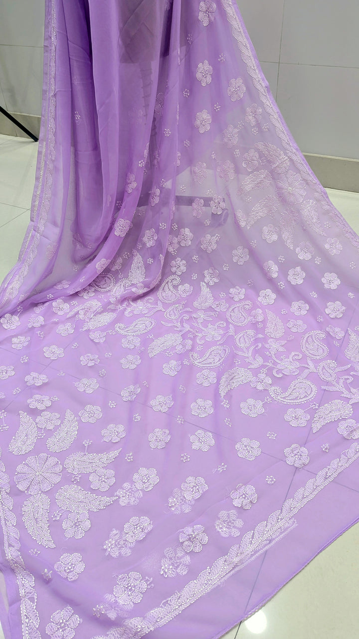 Faux Georgette Hand Chikankari Saree with Exclusive Border & Palla Design | Embroidered Blouse Included | Authentic Lucknow Handicraft by Paridhan Chikan