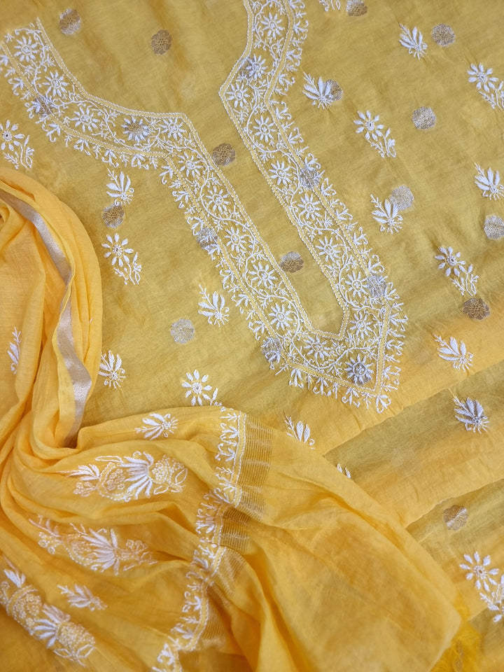 Pure Mul Chanderi Jacquard 2 Taar Hand Embroidered Chikankari Unstitched Kurta (3 M) with Dupatta (2.5 M) – Lucknowi Festive Collection