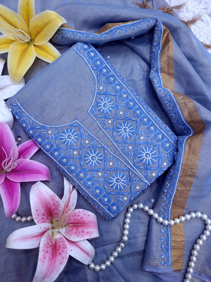 Soft Tissue Chikankari Unstitched Dress Material | 3 Taar Hand Embroidery with Pearl & Cutdana Work + Golden Border Dupatta