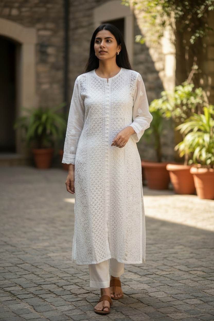 Women's Chikankari Georgette Front-Open Look Kurta | Hand Embroidered Lucknowi Ethnic Wear