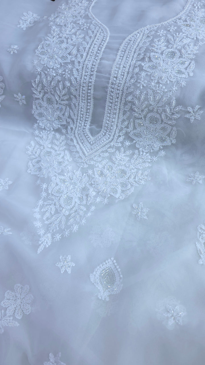 Alina Heavy Embellished Georgette Chikankari Unstitched Dress Material | Cutdana Handwork