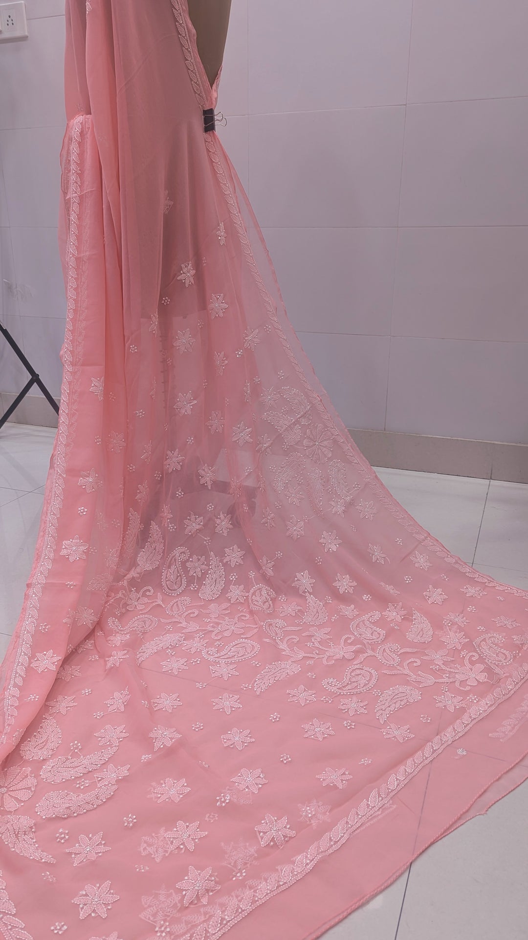 Faux Georgette Hand Chikankari Saree with Exclusive Border & Palla Design | Embroidered Blouse Included | Authentic Lucknow Handicraft by Paridhan Chikan