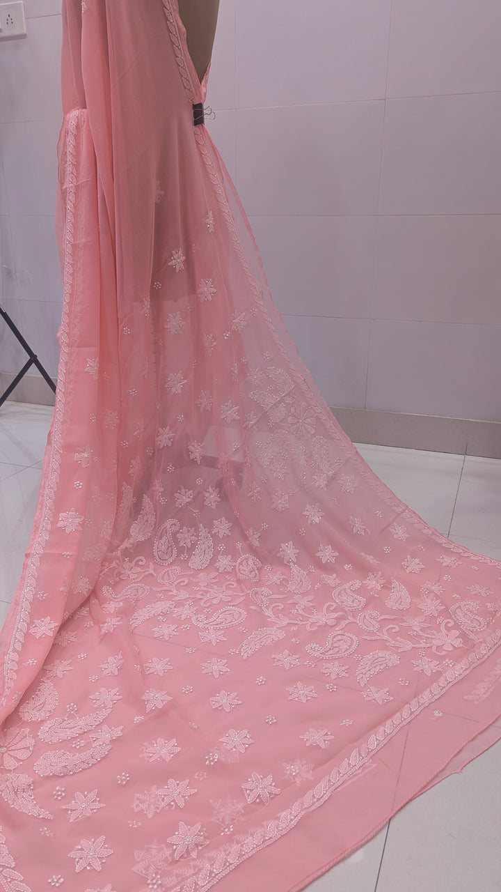 Faux Georgette Hand Chikankari Saree with Exclusive Border & Palla Design | Embroidered Blouse Included | Authentic Lucknow Handicraft by Paridhan Chikan