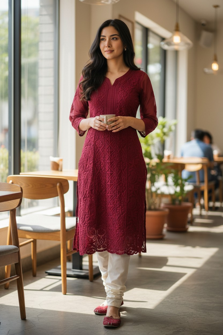 Georgette chikankari long kurti