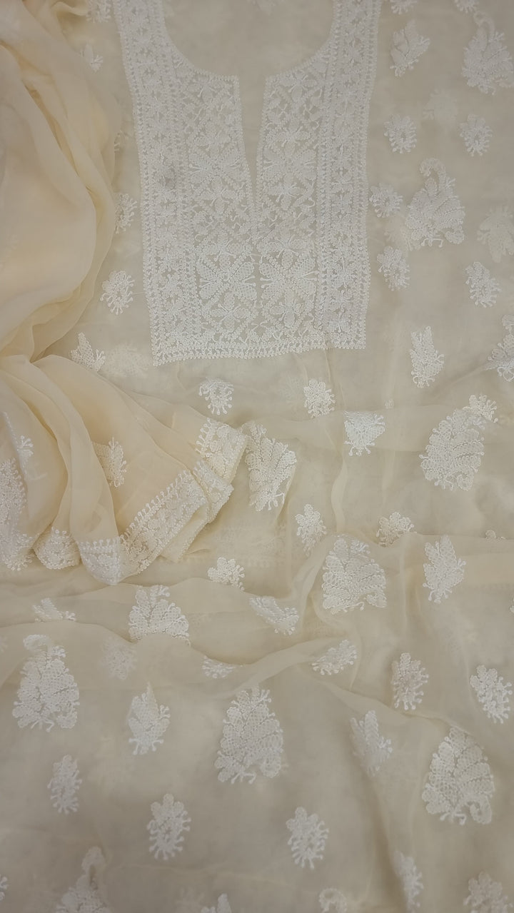 Lucknowi Georgette Chikankari Dress Material – Hand Embroidery Kurta, Bottom & Dupatta | Festive Queen Shades
