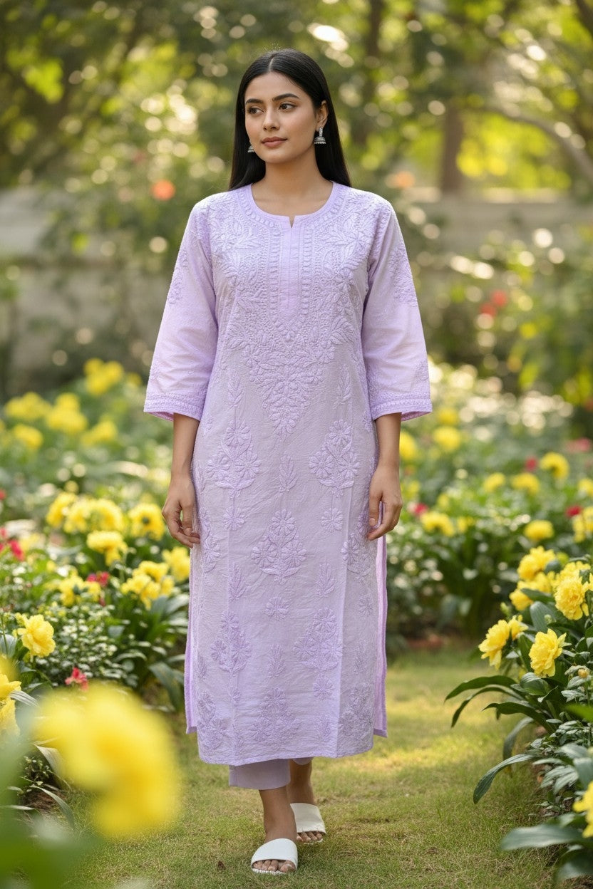 Premium Soft Chanderi Lucknowi Chikankari Long Kurti – 100% Hand Embroidered, Non-Transparent