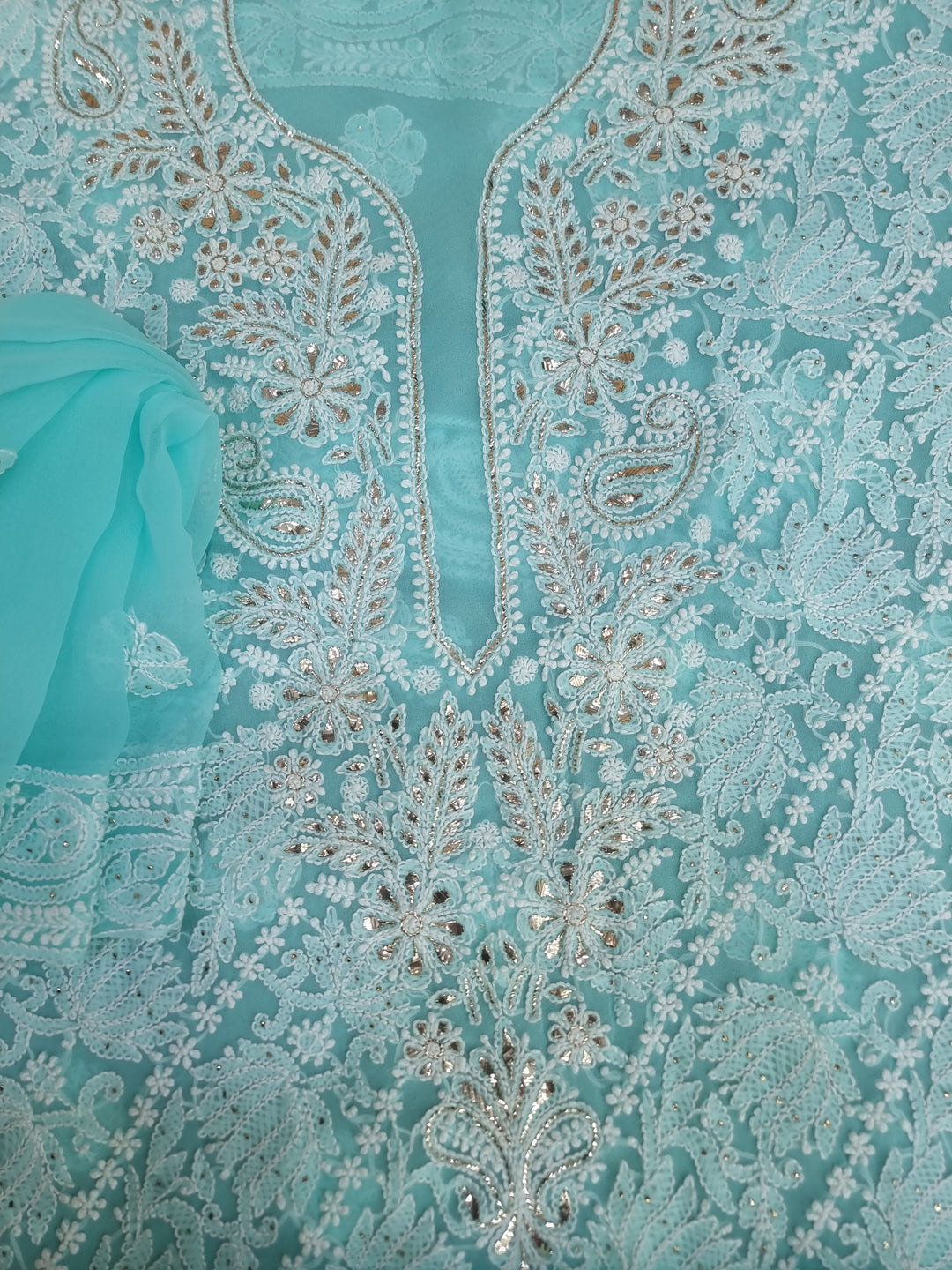Mukesh Kaamdani Georgette Chikankari Hand Embroidery Dress Material - Sea Green