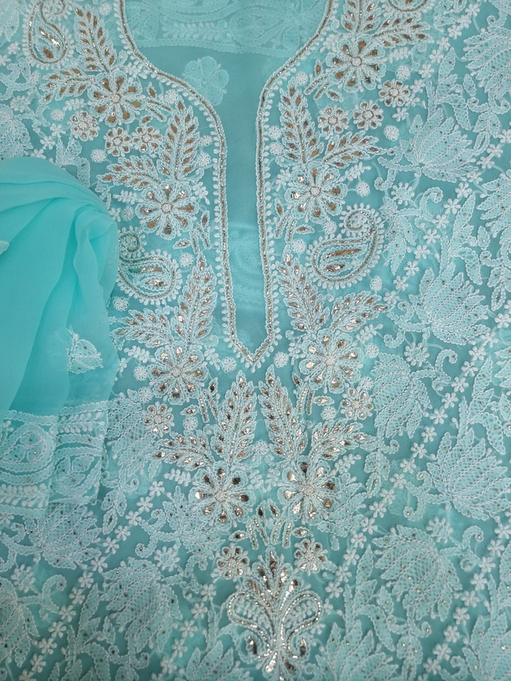 Mukesh Kaamdani Georgette Chikankari Hand Embroidery Dress Material - Sea Green