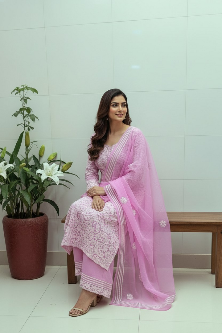 Unstitched Georgette Chikankari Dress Material | Hand Embroidered Kurta, Bottom & Dupatta