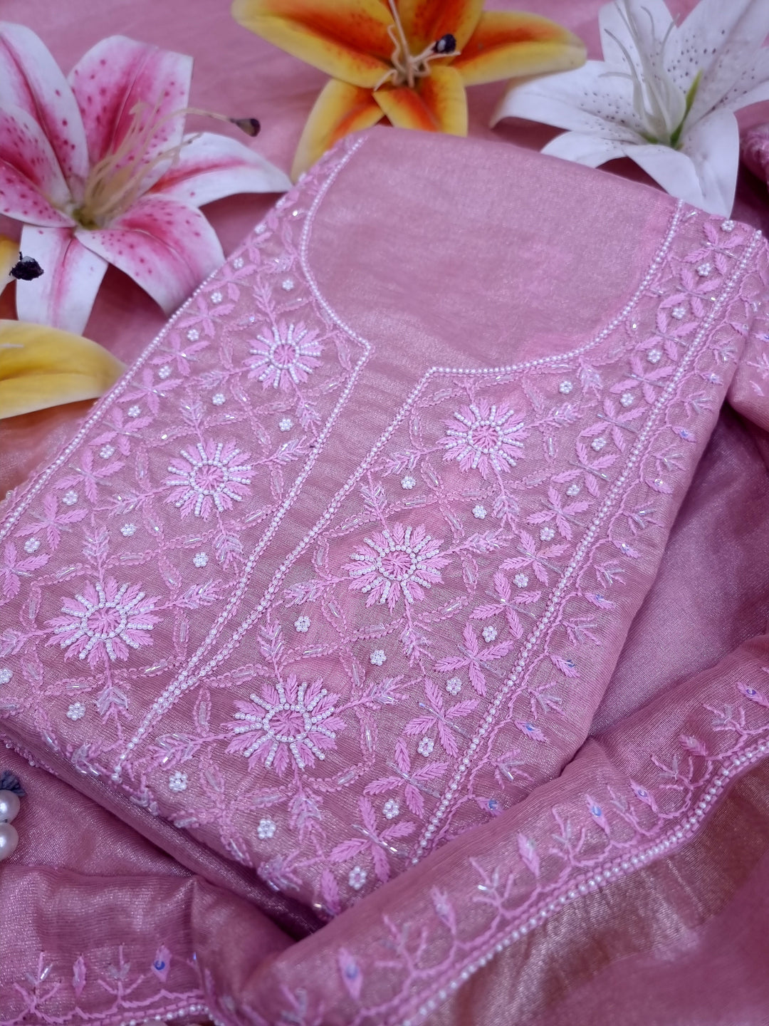 Soft Tissue Chikankari Unstitched Dress Material | 3 Taar Hand Embroidery with Pearl & Cutdana Work + Golden Border Dupatta