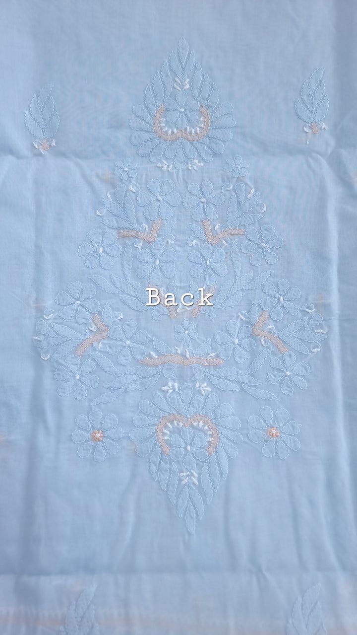 Lucknow Chikankari Hand Embroidered Cotton Dress Material with Tri-Color Motifs & Pure Chiffon Dupatta