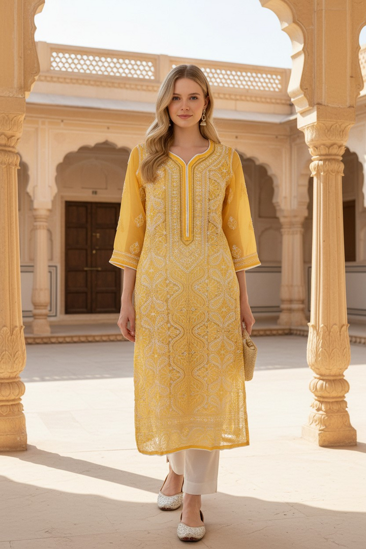 Georgette chikankari long kurti