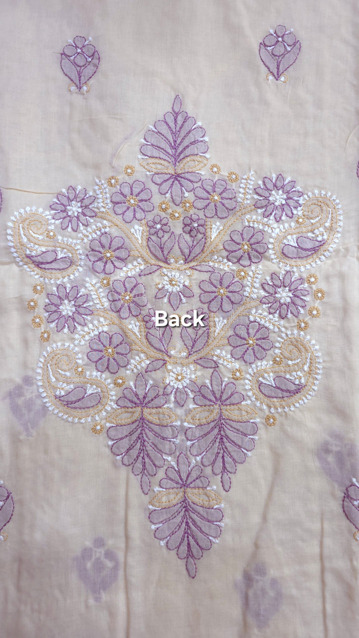 Lucknow Chikankari Hand Embroidered Cotton Dress Material with Tri-Color Motifs & Pure Chiffon Dupatta