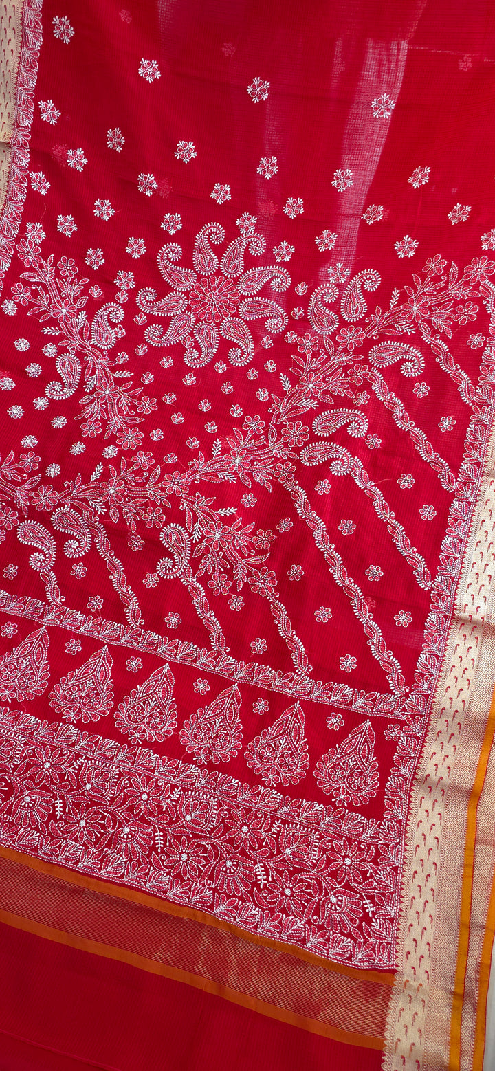 Hand Embroidered Chikankari Banarasi Silk Saree with Intricate Border & Palla Pattern – Includes  Blouse | Paridhan Chikan