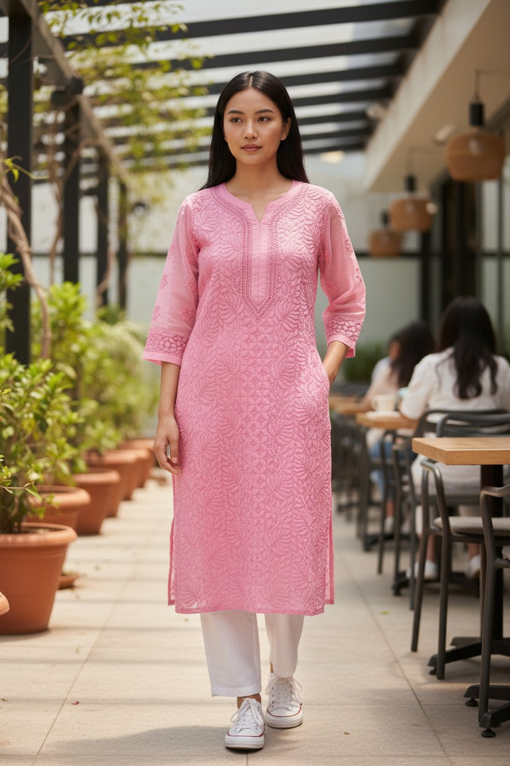 Georgette chikankari long kurti