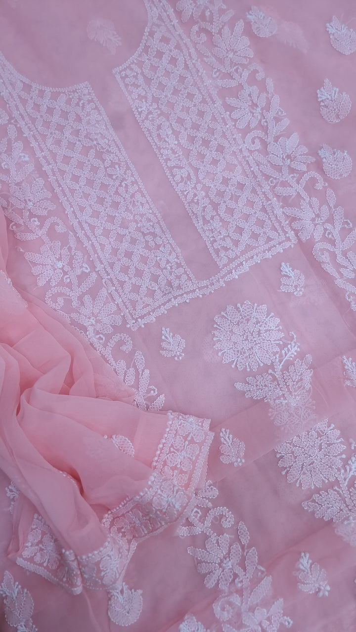 Lucknowi Georgette Chikankari Dress Material – Hand Embroidery Kurta, Bottom & Dupatta | Festive Queen Shades
