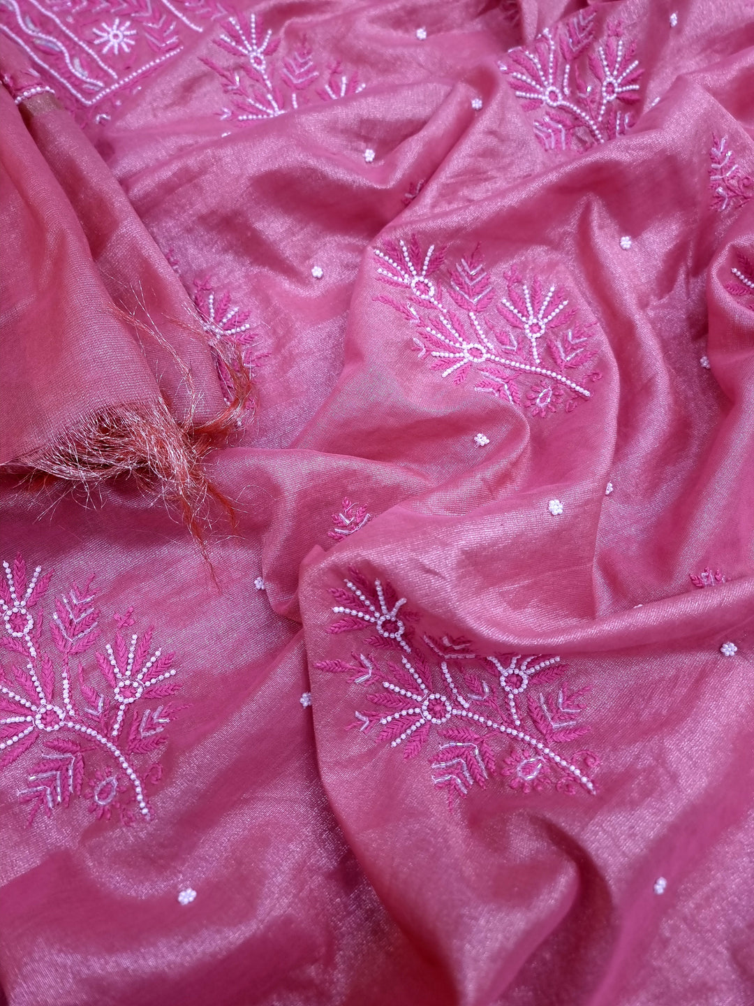 Soft Tissue Chikankari Unstitched Dress Material | 3 Taar Hand Embroidery with Pearl & Cutdana Work + Golden Border Dupatta