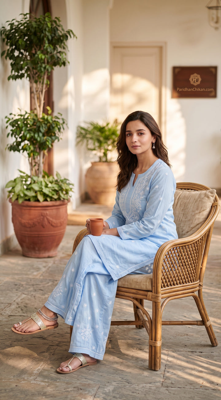 Luxe-Pure Modal satin luxurious kurti pants set with *2 taar chikankari work*