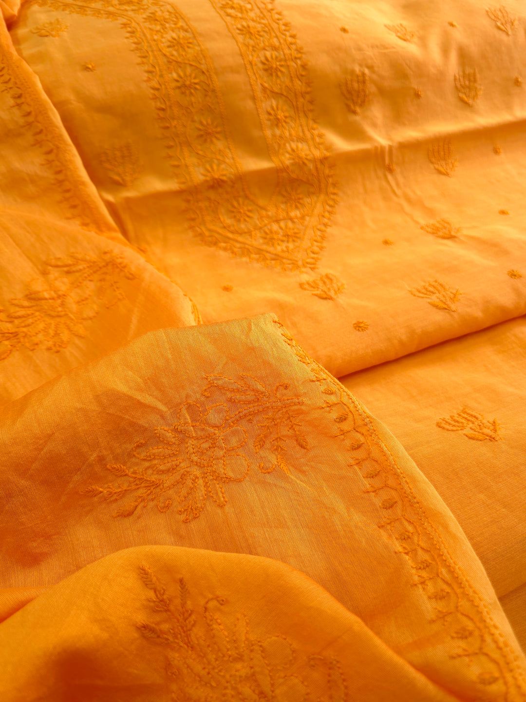 Tangerine Color Chanderi Hand Embroidered 2-Taar Chikankari Kurta & Dupatta Set | Paridhan Chikan (Copy)